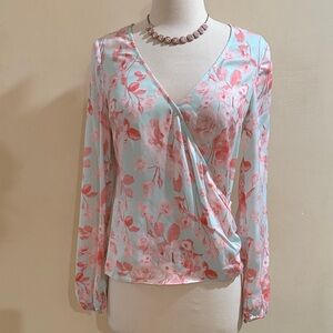 Floral Wrap Long-Sleeve Top in Mint and Coral